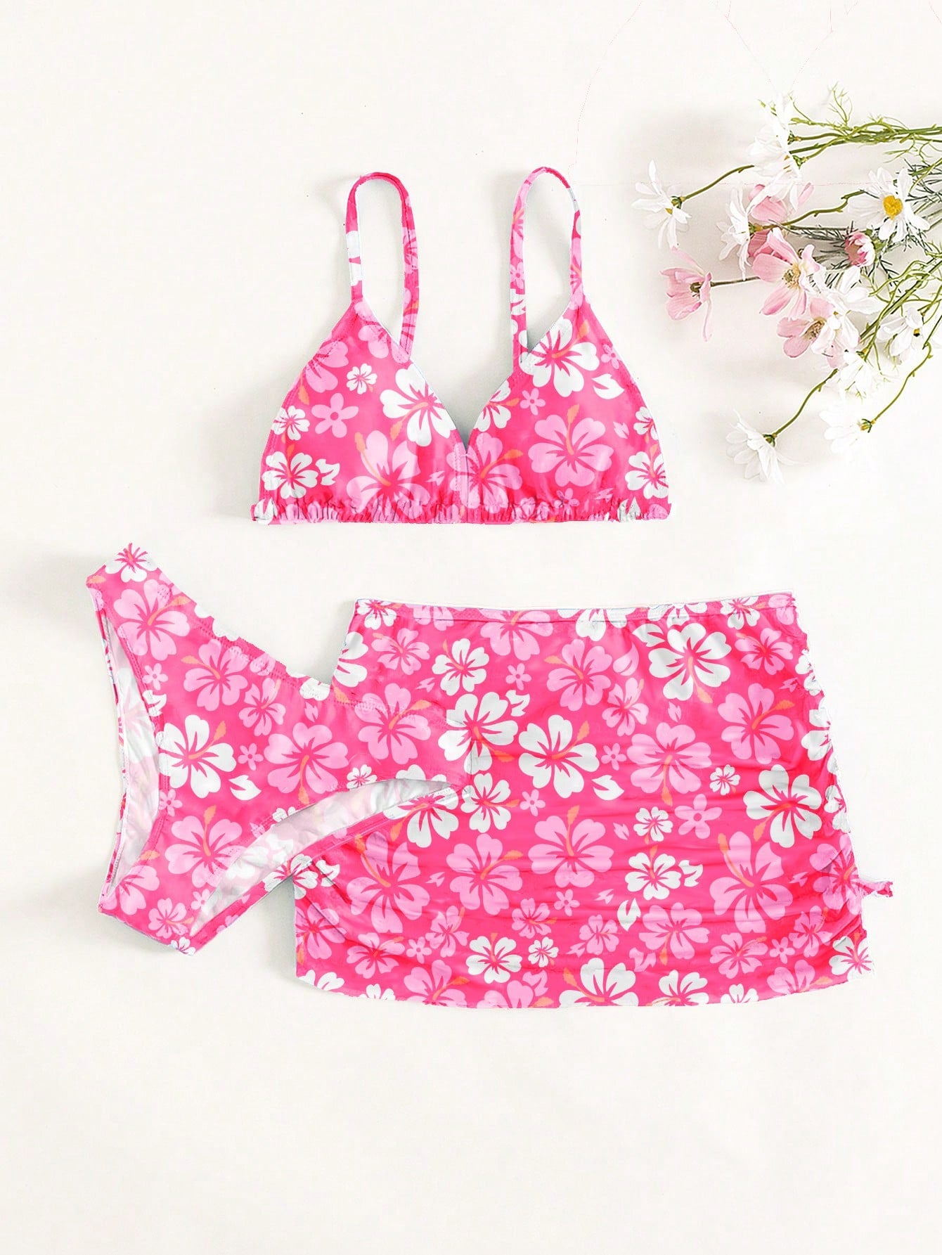 Tween Girl Floral Print Bikini Set & Ruched Beach Skirt Summer Beach