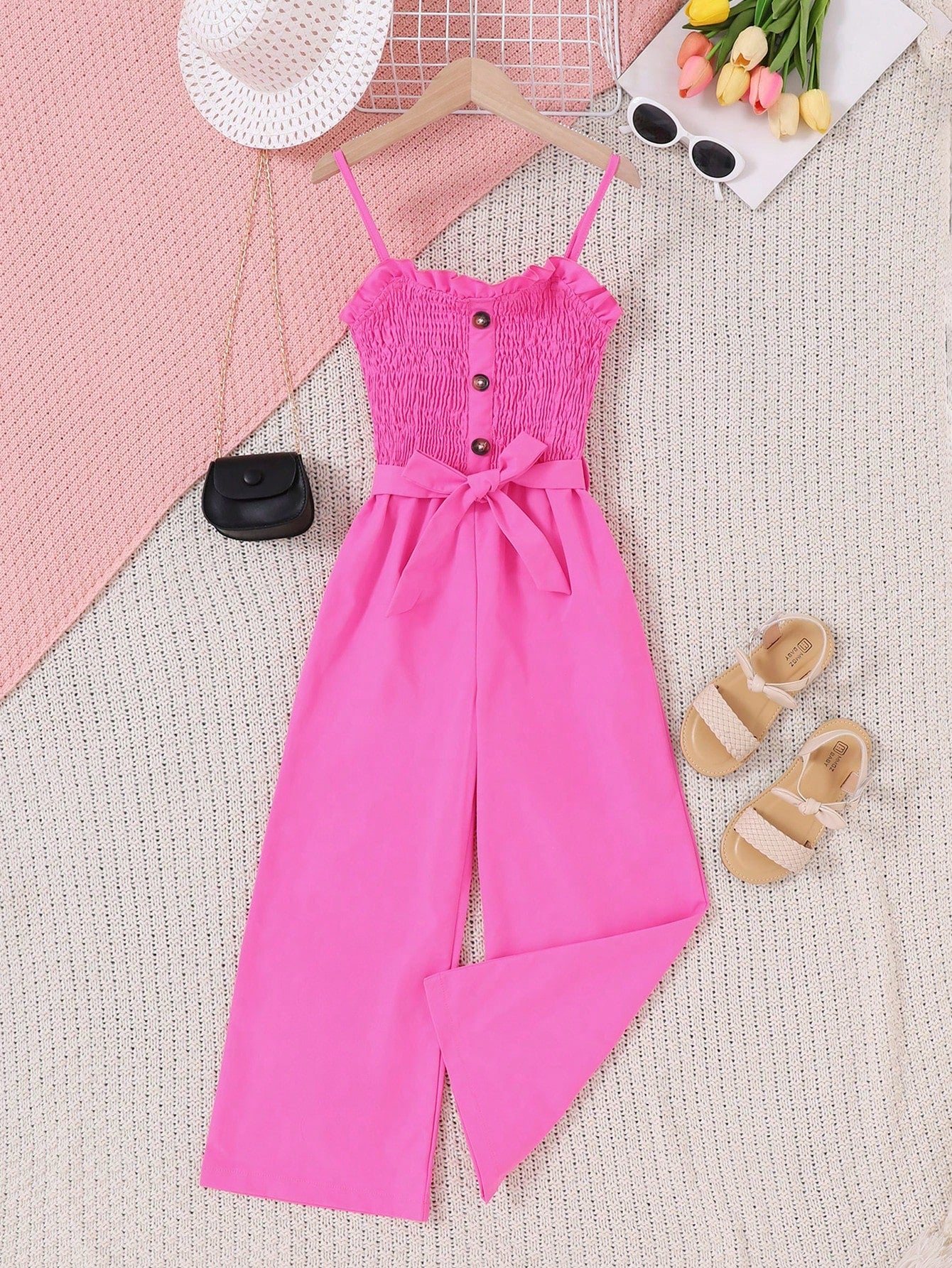 Tween Girl Ruffled Trim Shirred Bodice Belted Slip Jumpsuit With Wide Leg