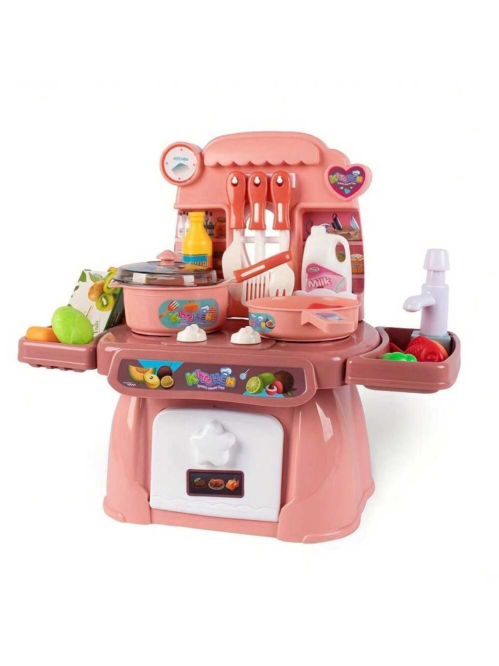 Kids' Pretend Play Kitchen Set With Sound, Light, Stove, Sink And Toy Food - Toddler Kitchen Playset, Accessory Color & Style Random