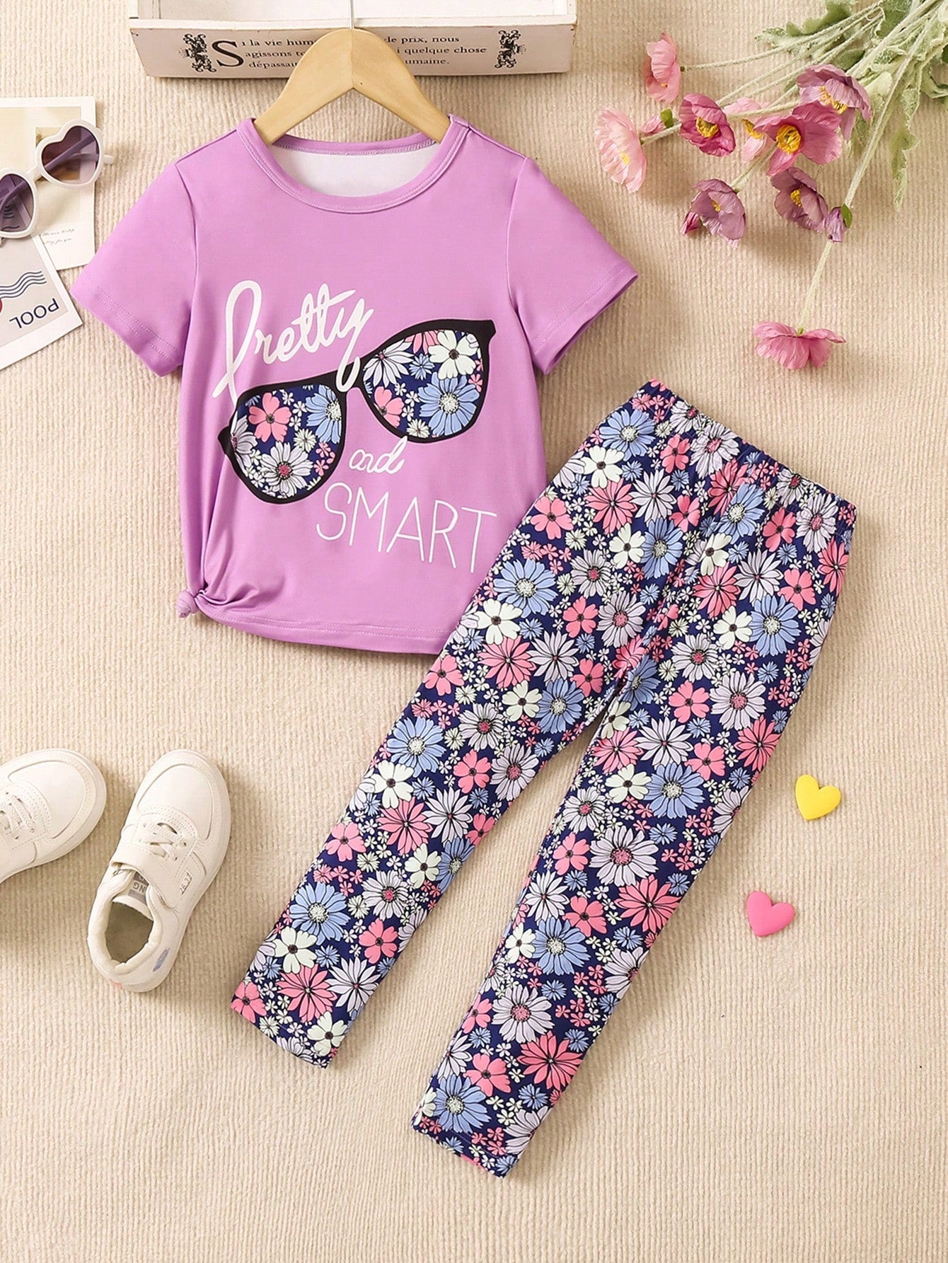 Young Girls' Summer Casual Flower & Letter Printed Short Sleeve T-Shirt And Long Pants Set