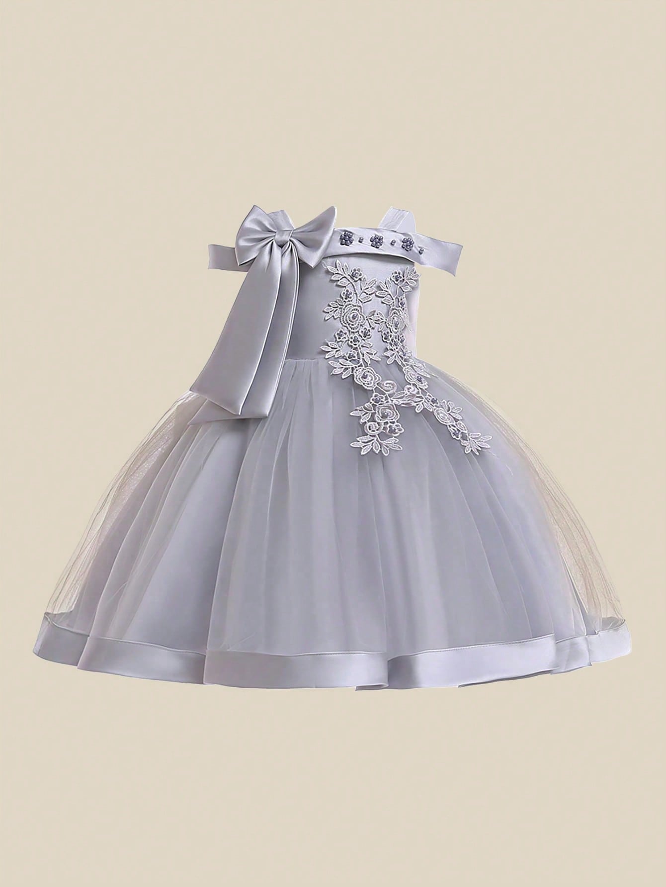 Young Girl Solid Color Tulle Splicing Satin Bowknot Decorated Sleeveless Fluffy Dress, Elegant & Gorgeous Party Dress For Birthday Parties