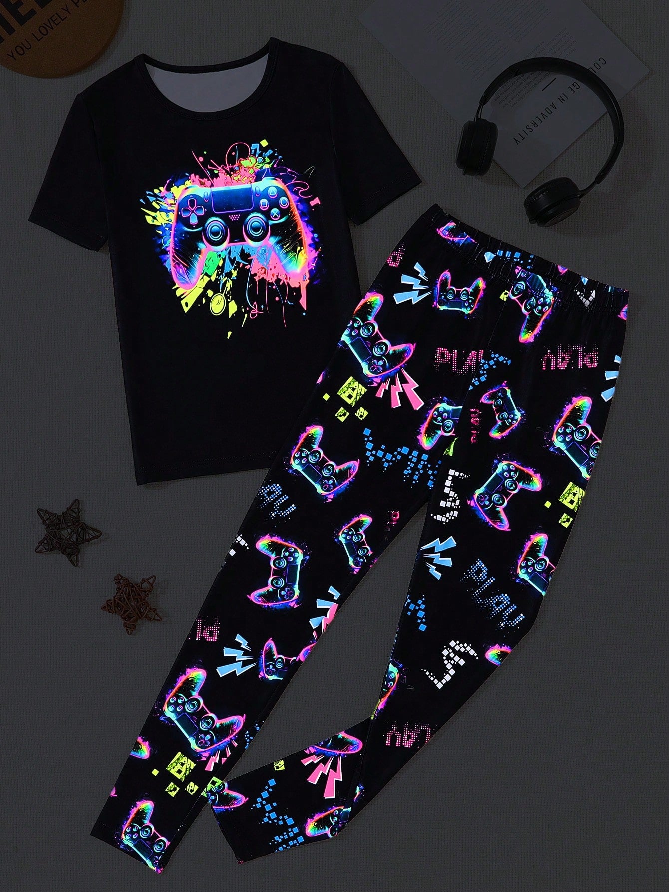 Tween Boy Fluorescent Video Game Controller Print Short Sleeve Shirt And Long Pants Casual Two-Piece Home Suit Set