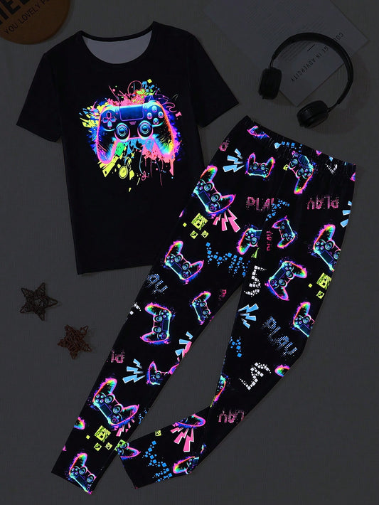 Tween Boy Fluorescent Video Game Controller Print Short Sleeve Shirt And Long Pants Casual Two-Piece Home Suit Set