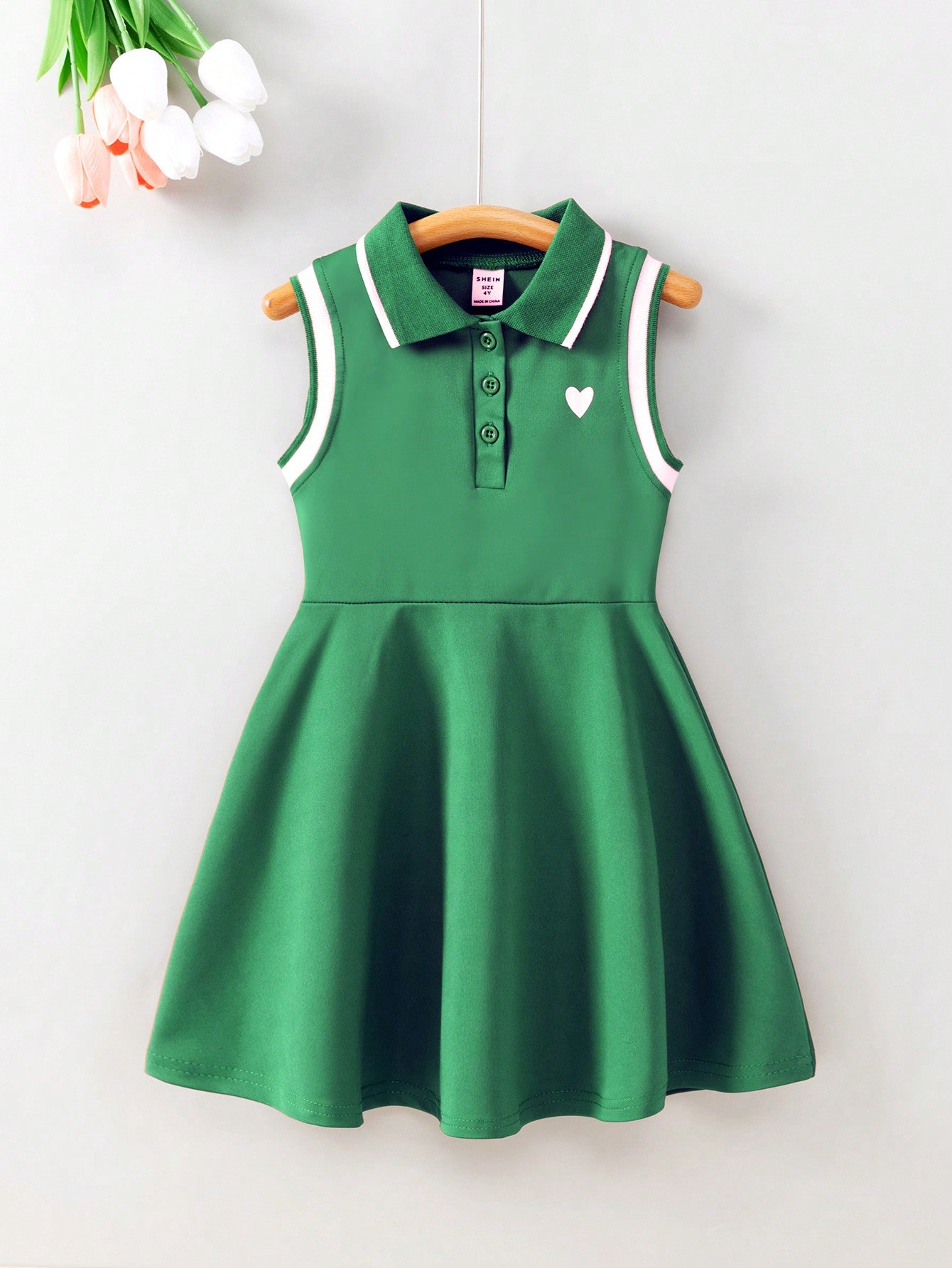 Young Girl Preppy Style Heart-Shaped Print Striped Trim Ribbed Collar Sleeveless Dress For Summer