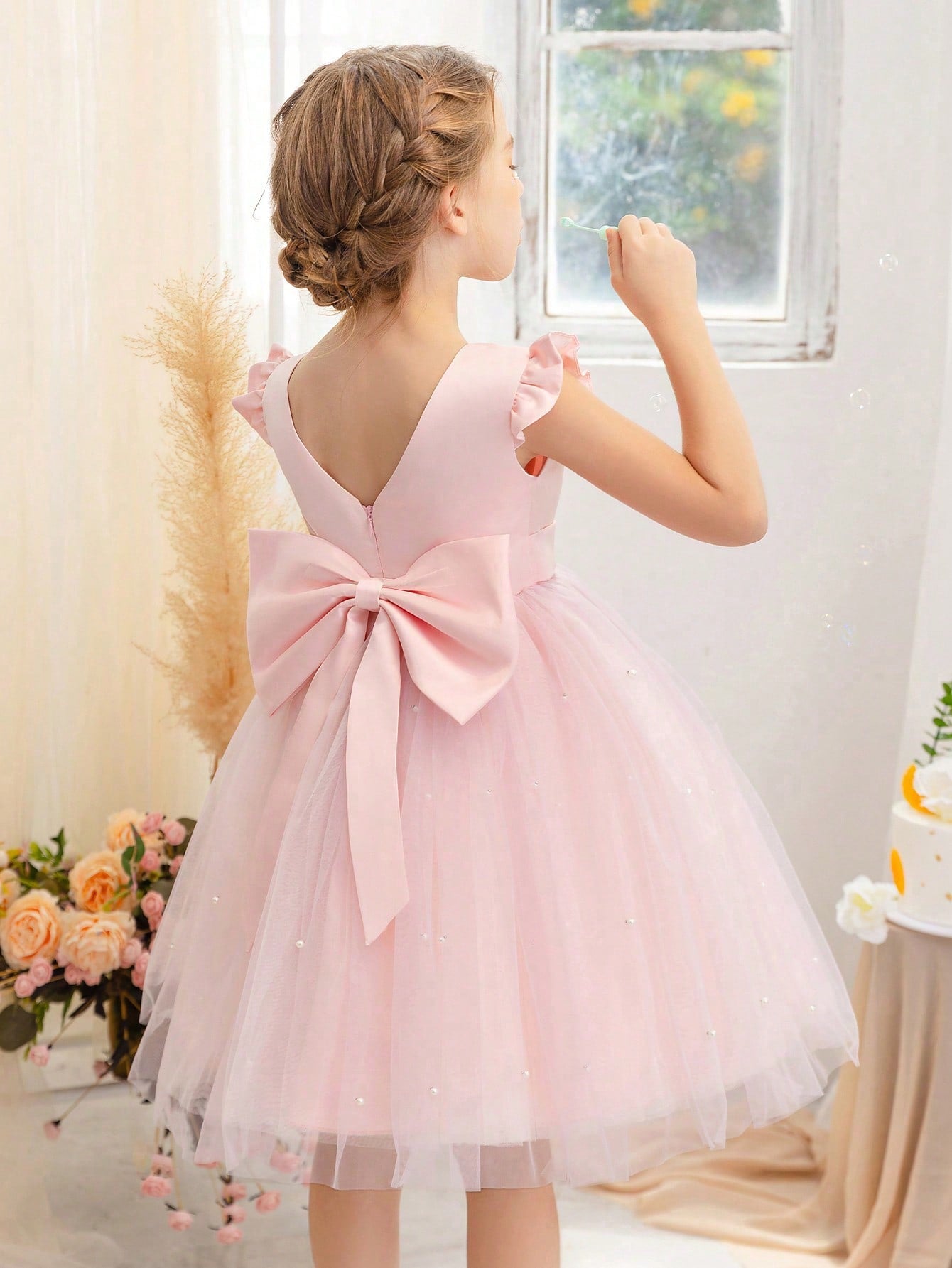 Young Girl Mesh Tulle Princess Dress With Flutter Sleeves, Suitable For Birthday Party, Dance Party, Instrumental Concert, Stage Performance, Ball Gown