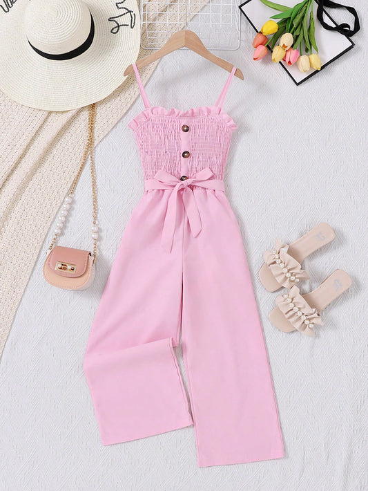 Tween Girl Solid Color Shirred Bodice Belted Suspender Jumpsuit