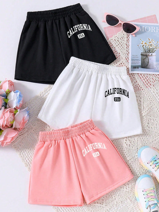 Tween Girl 3pcs/Set Summer Casual Letter Print Shorts