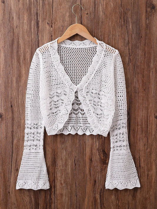 Teen Girl's Hollow Out Cardigan With Ruffle Sleeves