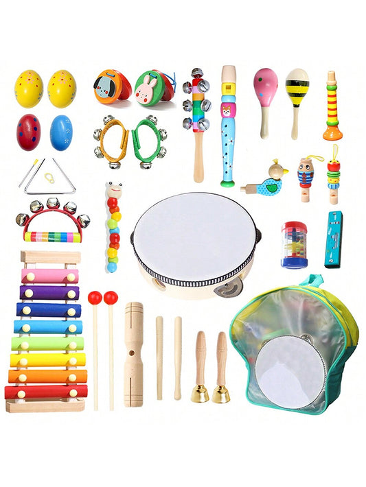 33pcs Musical Instrument Set For Children, Wooden Orff Percussion Instruments, Baby Early Learning Education Toy With Musical Woodcraft