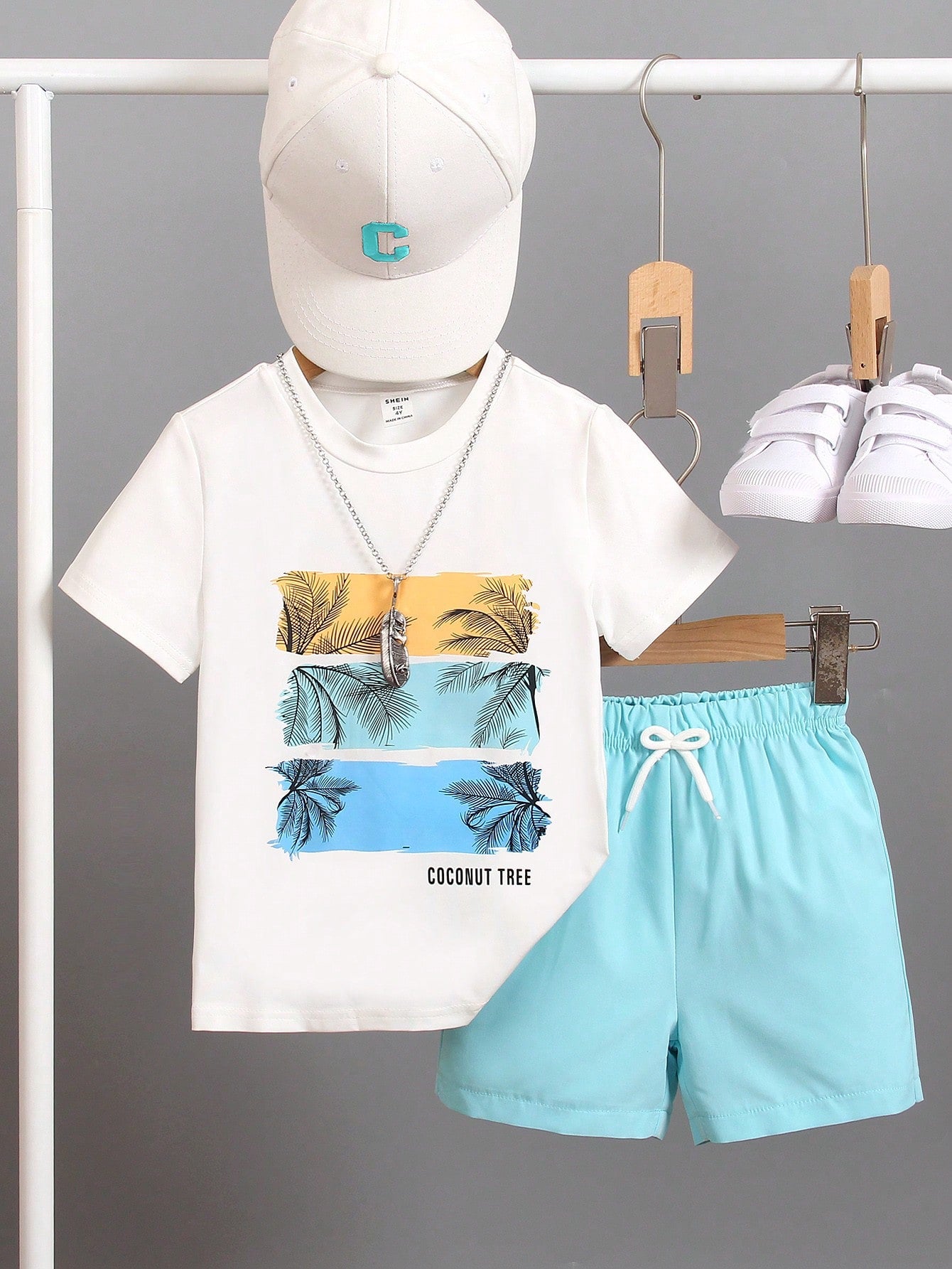 Young Boy Casual Tropical Letter Print Short Sleeve T-Shirt And Shorts Summer Set