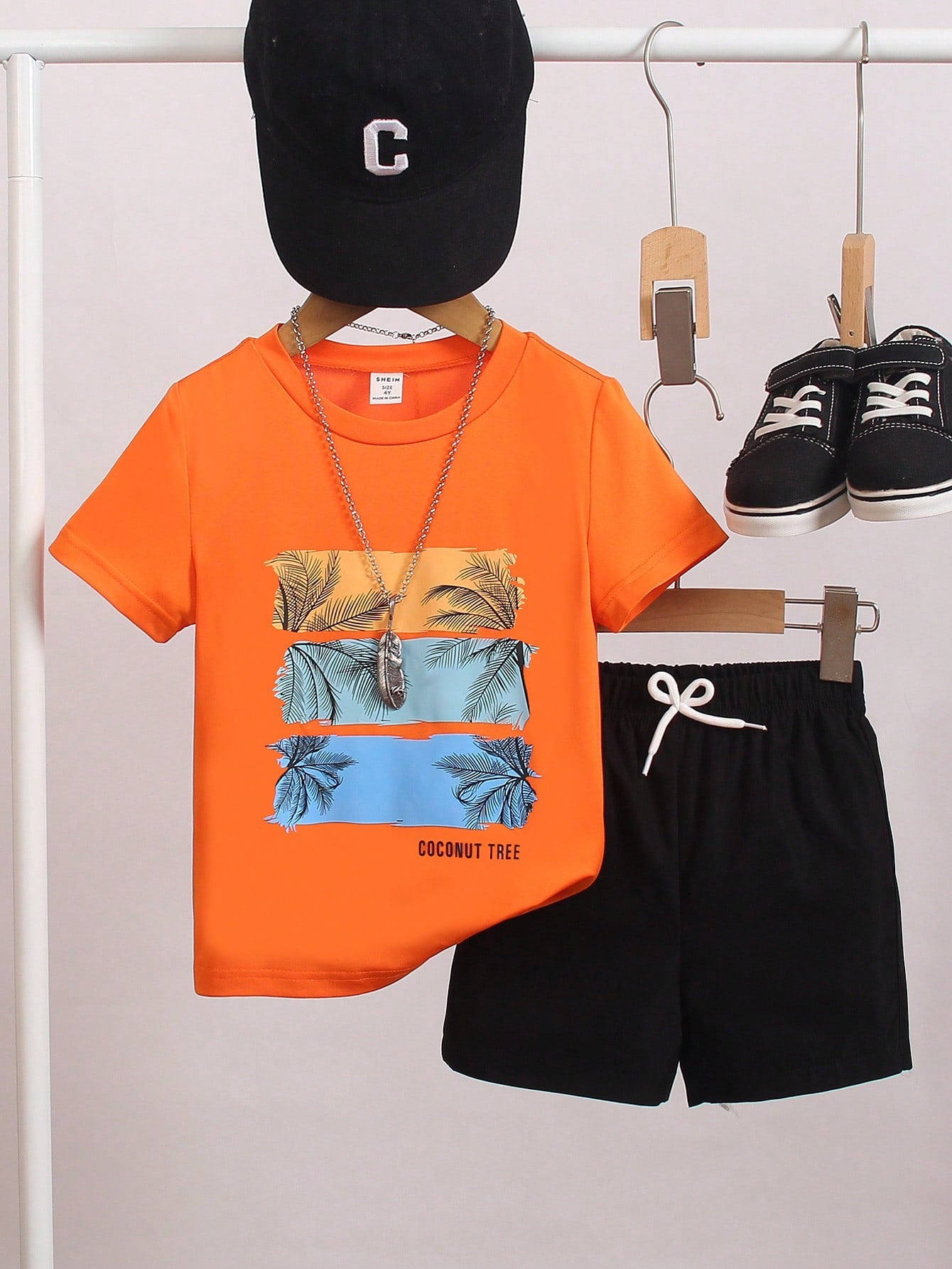 Young Boy Casual Tropical Letter Print Short Sleeve T-Shirt And Shorts Summer Set