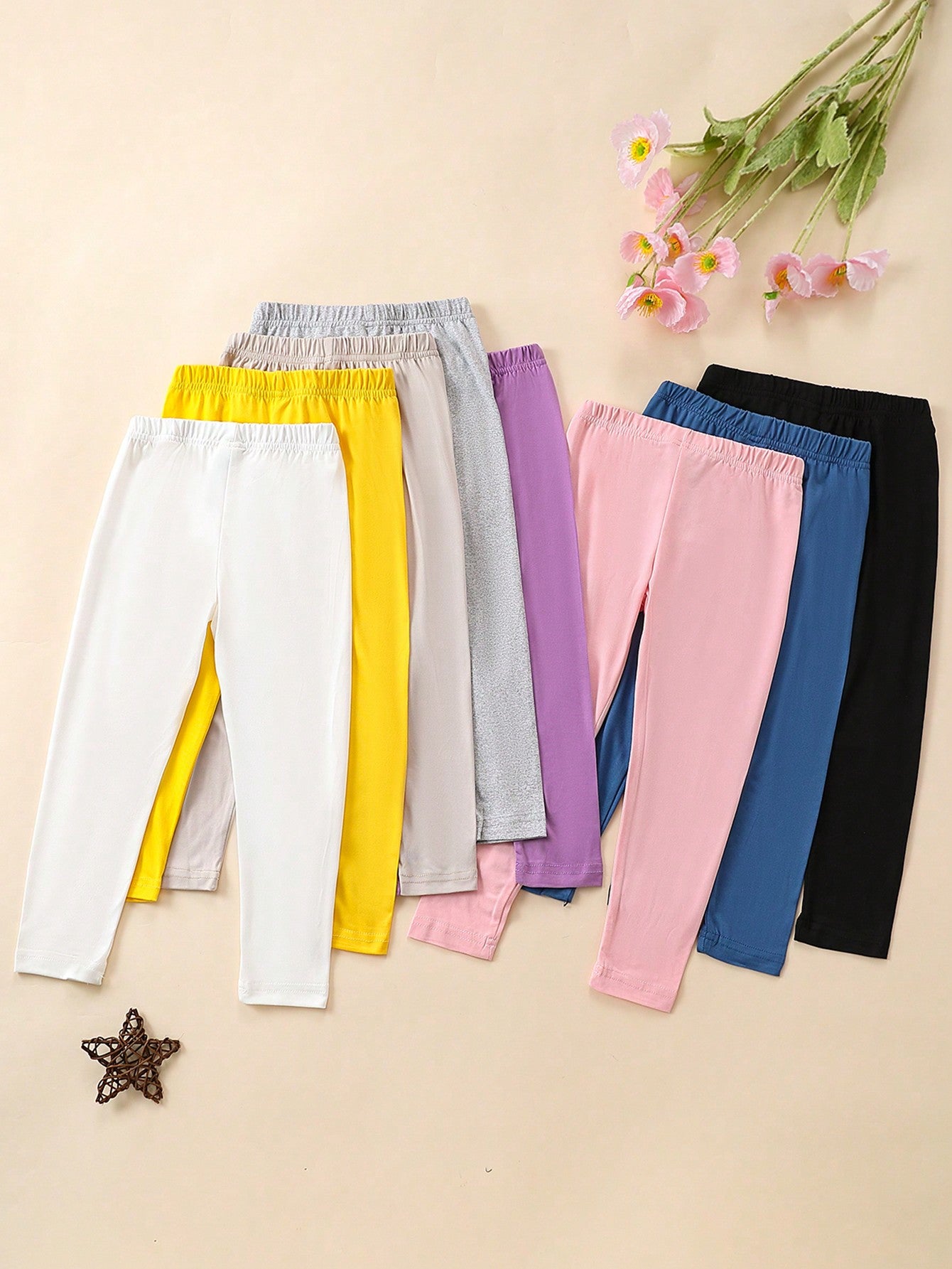 8pcs Young Girls' Simple Solid Color Stretchy High Waisted Long Leggings