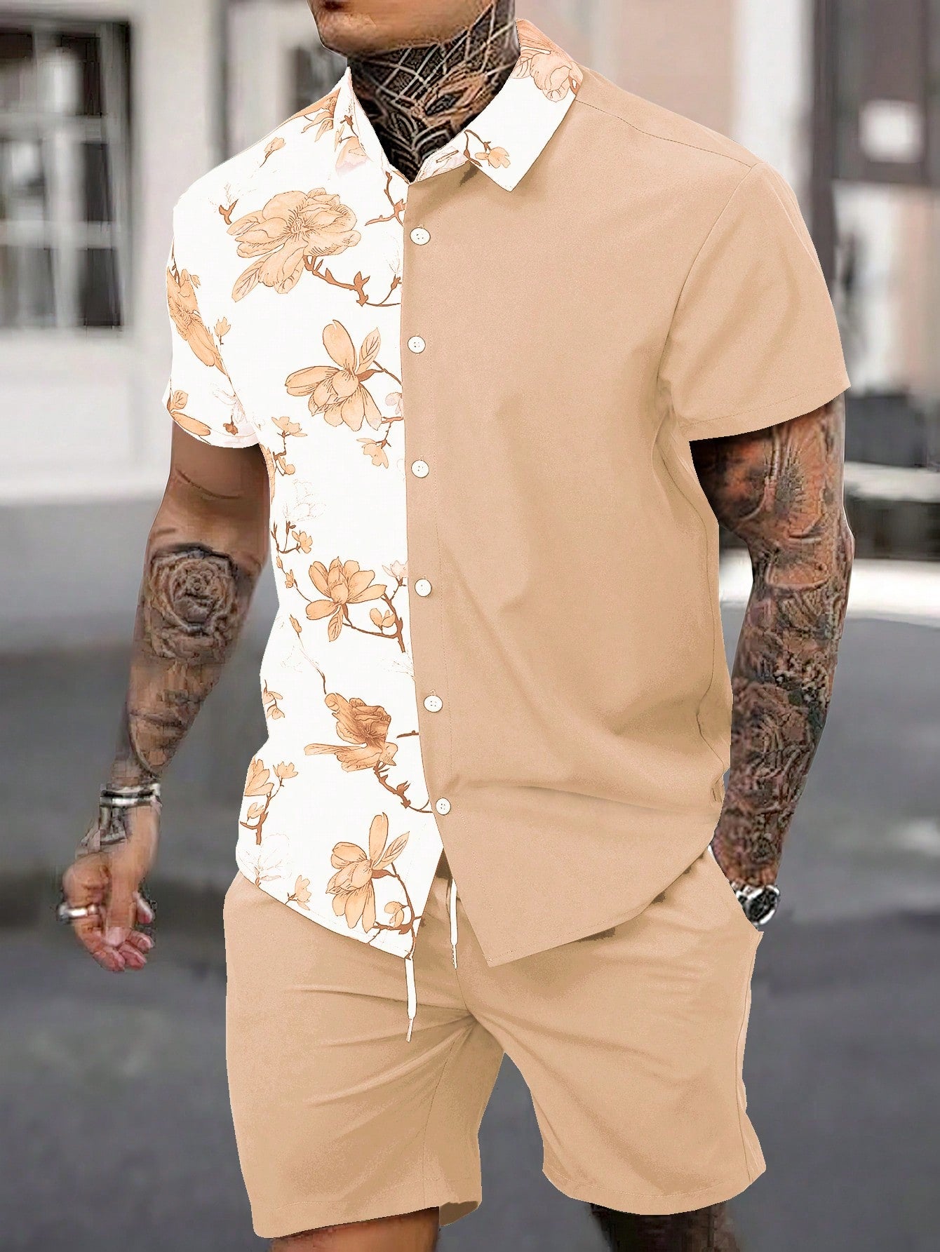 Men Floral Print Shirt & Drawstring Waist Shorts