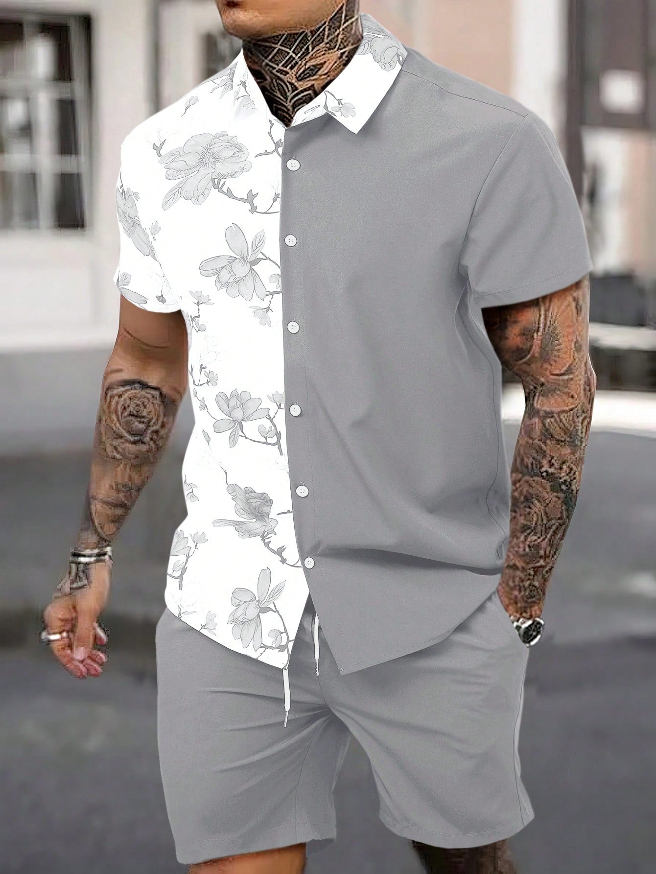 Men Floral Print Shirt & Drawstring Waist Shorts