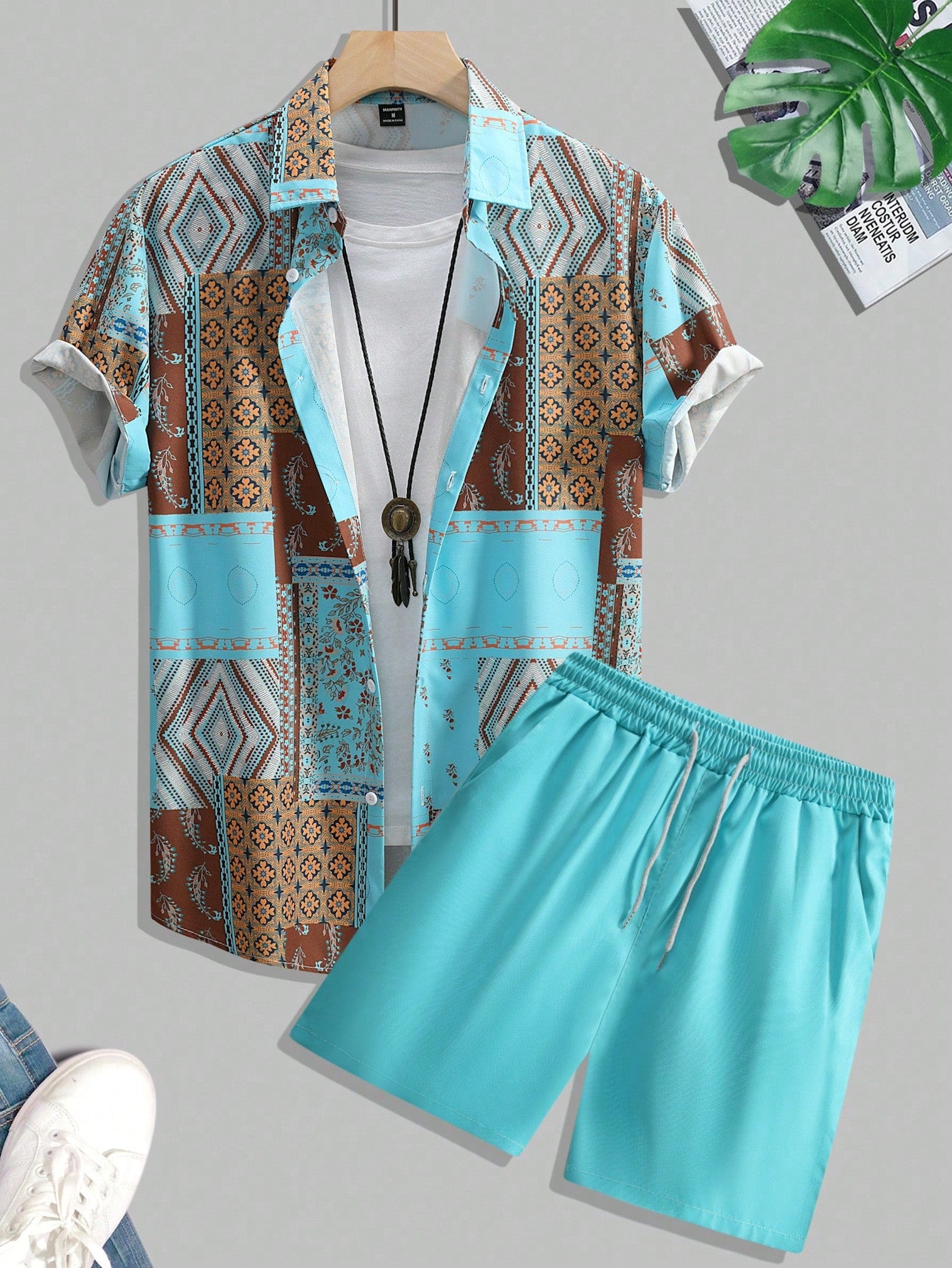 Men Patchwork Print Shirt & Drawstring Waist Shorts Without Tee