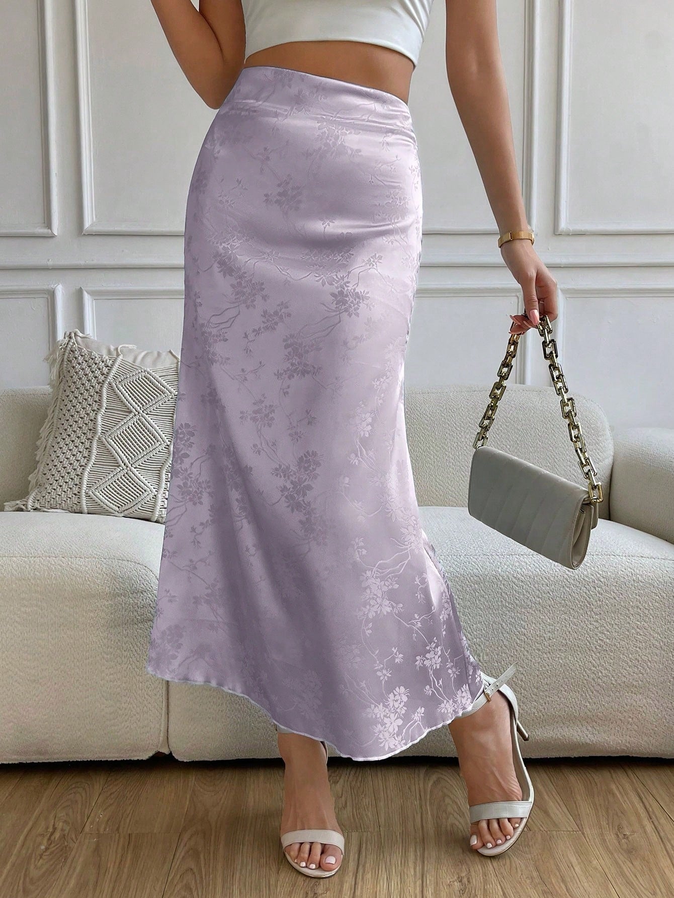 High Waist Jacquard Satin A-line Skirt