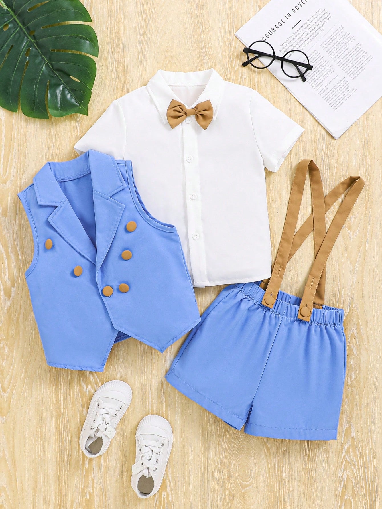 Young Boy Bow Front Shirt & Vest Blazer & Suspender Shorts