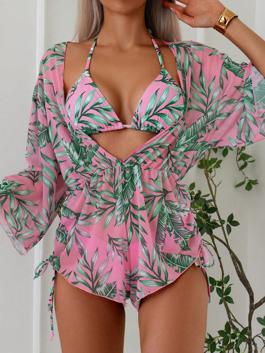 3pcs Random Tropical Print Halter Bikini Set With Drawstring Cover Up, Ideal For Vacation,Summer Beach