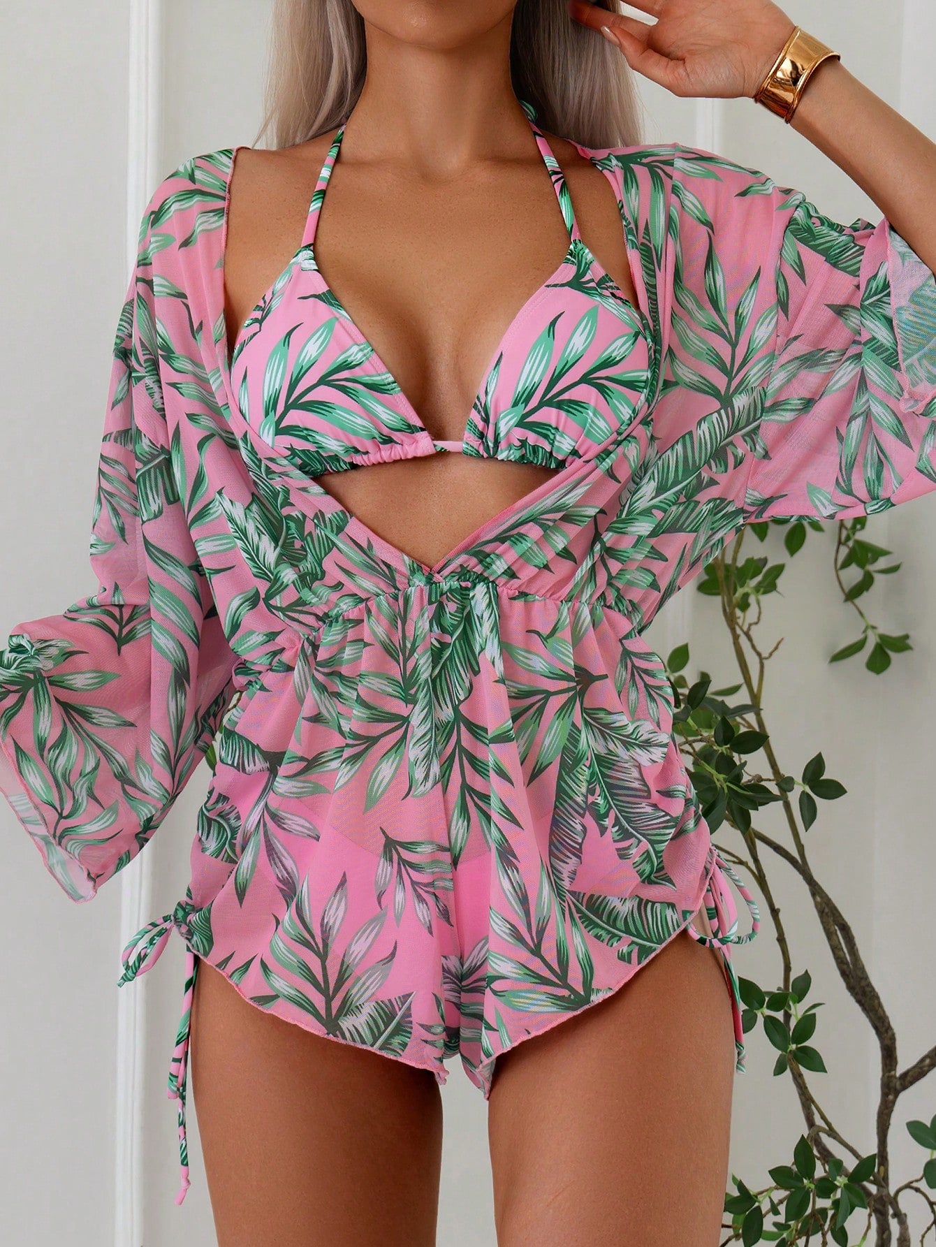 Women's Summer Beach Tropical Plant Print Halter Neck Tie Bikini Set, With Cover-Up Top And Romper (3pcs/Set), Random Print