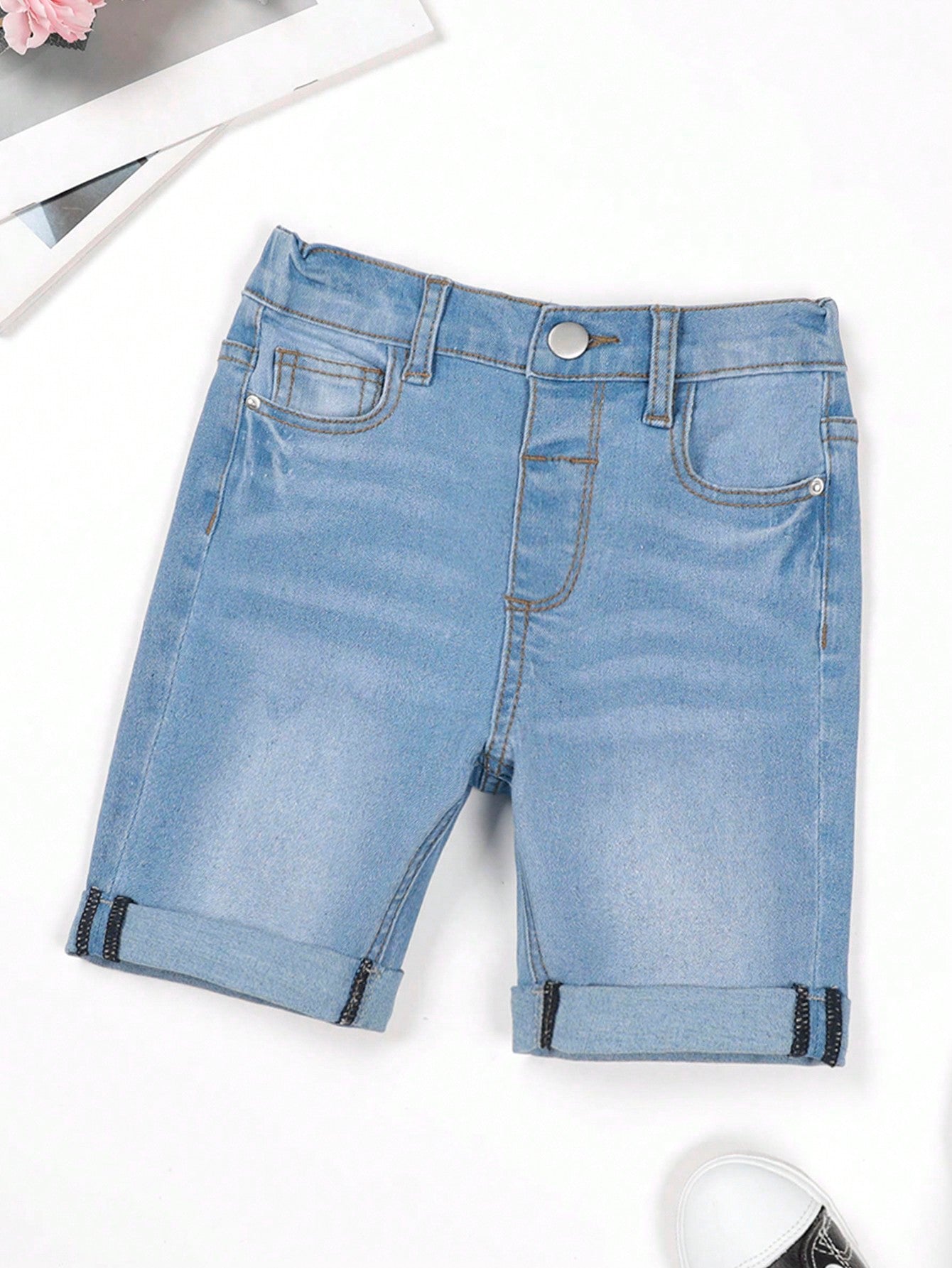 Young Boy Summer Denim Shorts, Washed Casual Fashion With Diagonal Pockets