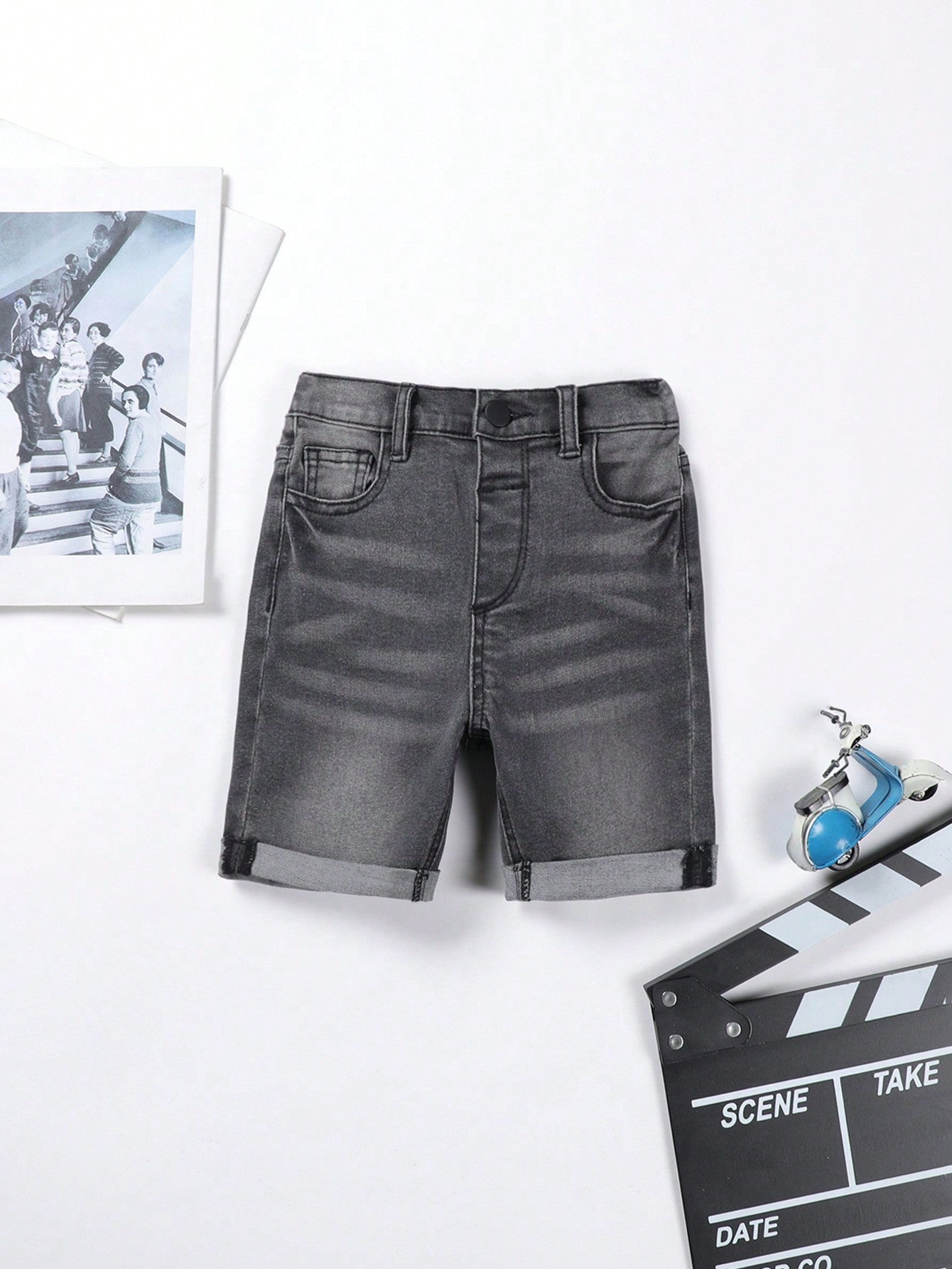 Young Boy Casual Summer Outdoor Micro-Elastic Black Denim Jeans Shorts, Personality And Versatile