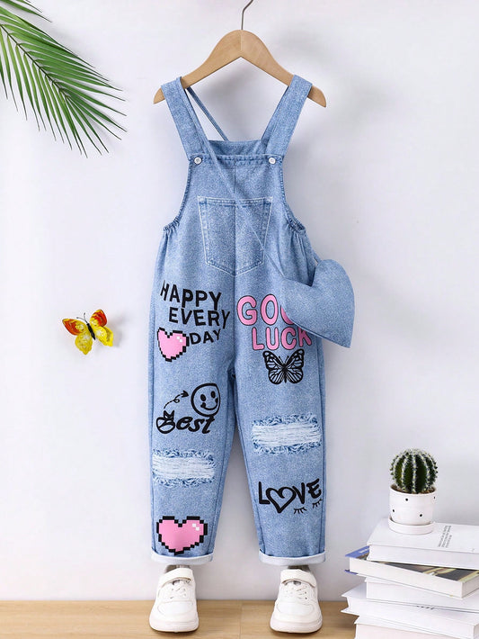 Young Girl Trendy Street Style Heart Graffiti Print Overalls With Heart Shaped Bag