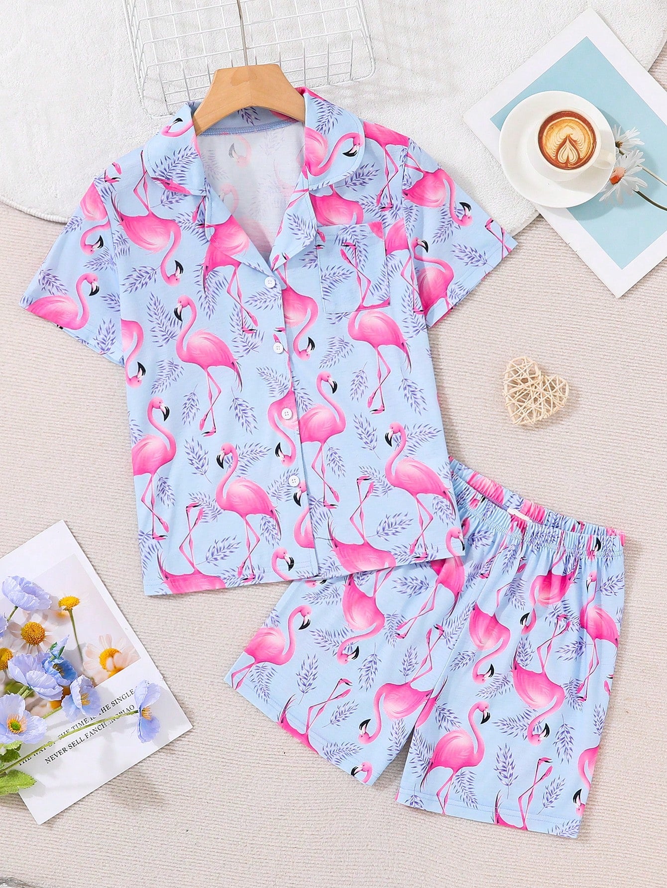 Tween Girl Blue Simple Flamingo Printed Cardigan With Buttoned Short Sleeve Top & Shorts Casual 2pcs Home Outfit