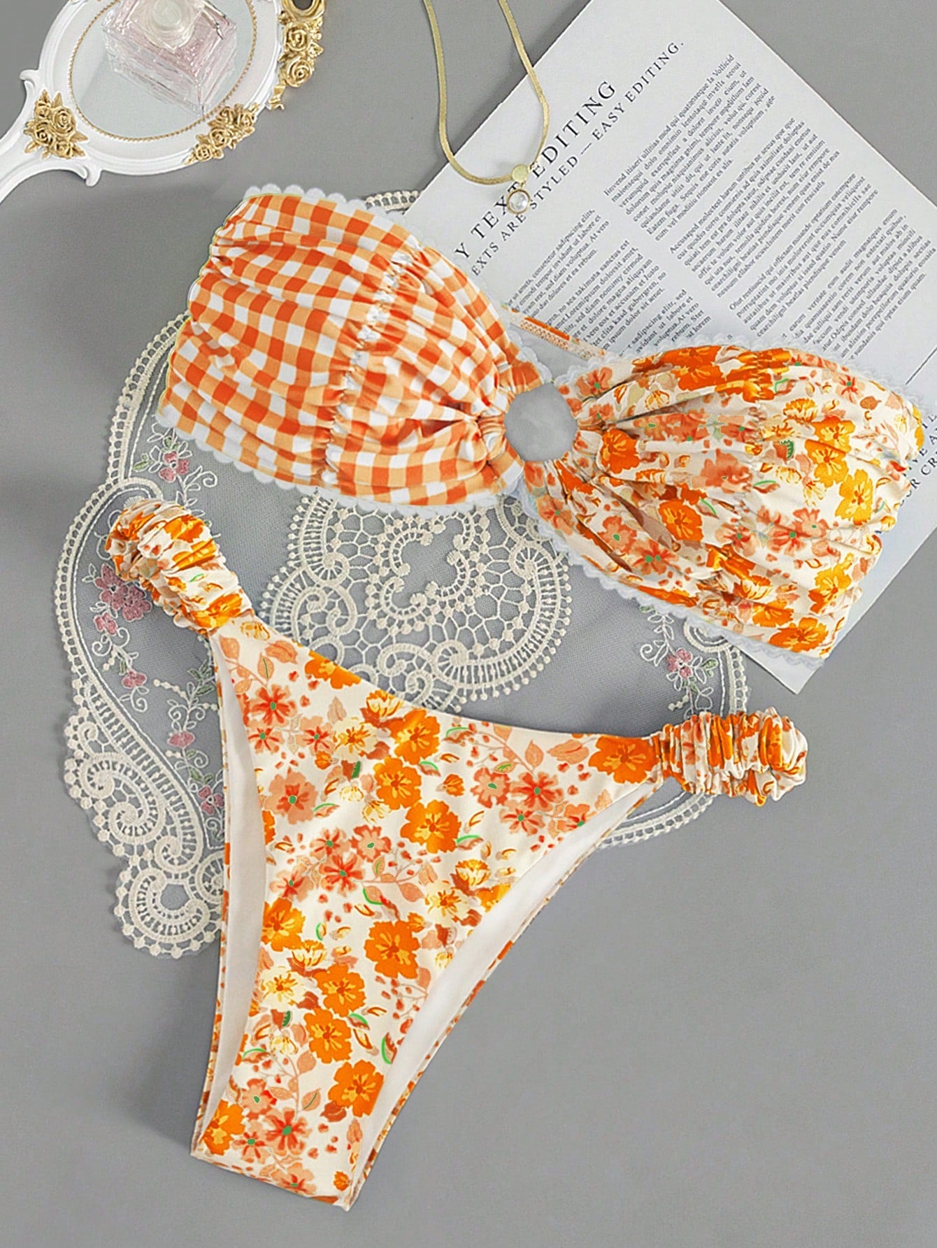 Swim Mod Summer Beach Floral Print Bandeau Bikini Set