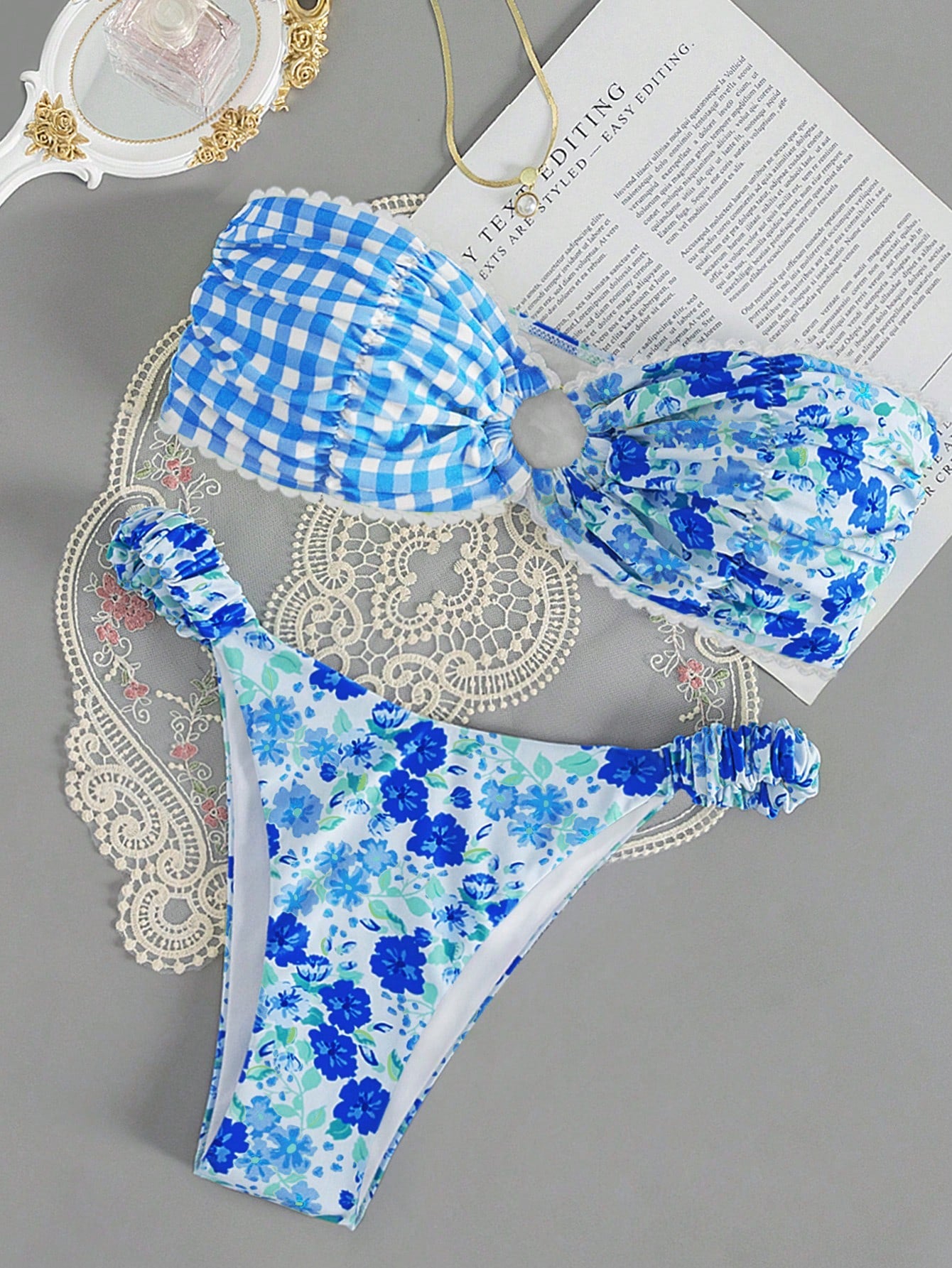 Swim Mod Summer Beach Floral Print Bandeau Bikini Set