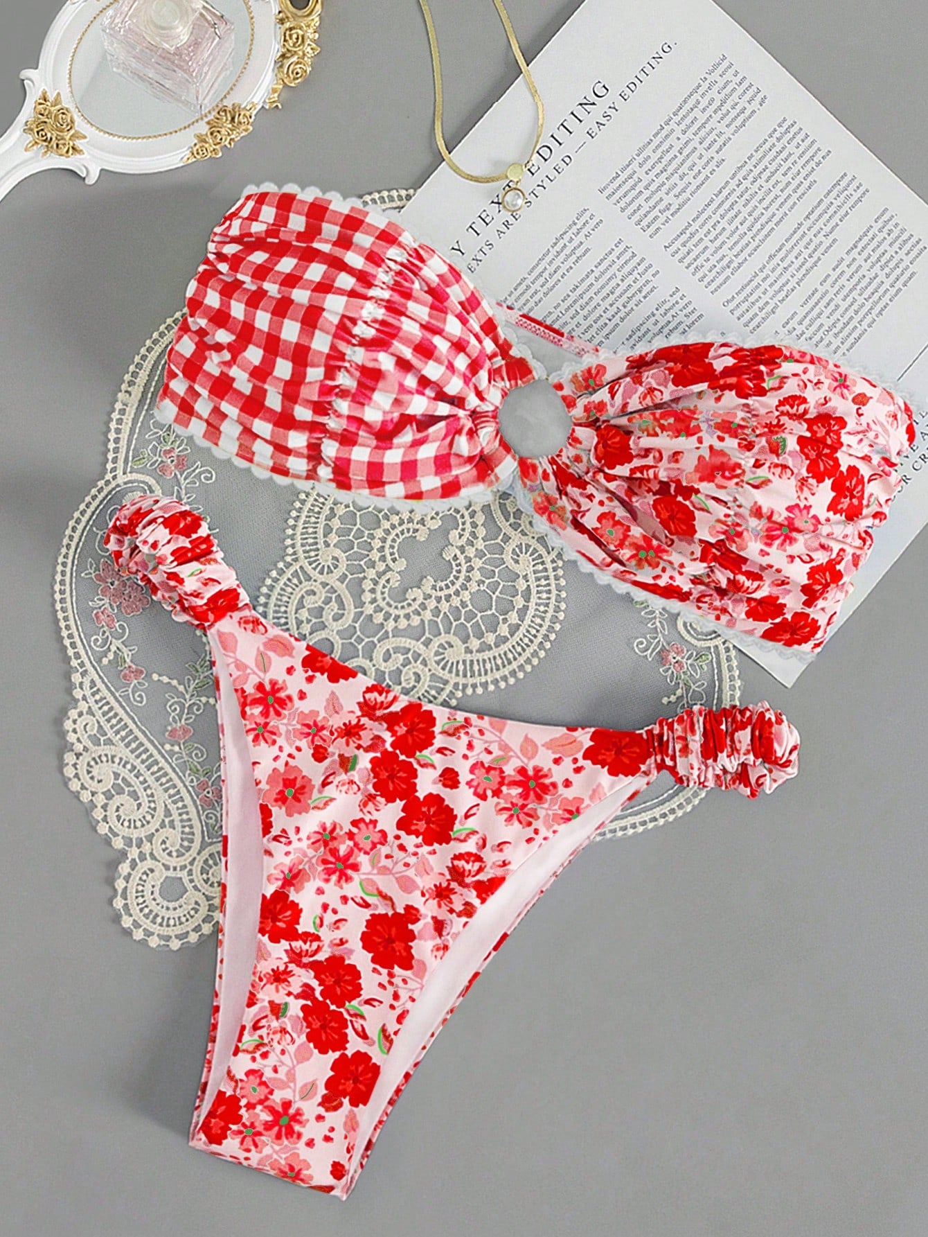 Swim Mod Summer Beach Floral Print Bandeau Bikini Set