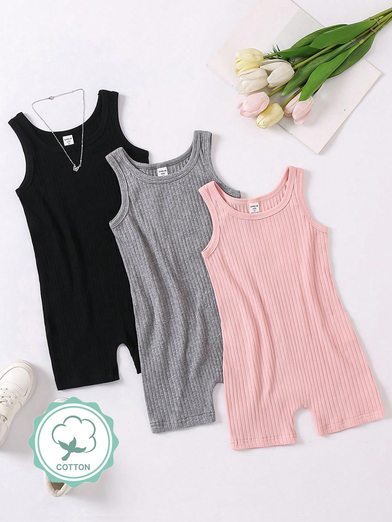 Young Girl Solid Color Ribbed Striped Sleeveless Jumpsuit With Large Round Neck For Summer