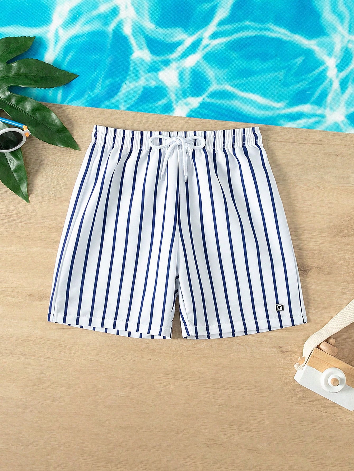 Tween Boy Striped Print Drawstring Waist Swim Trunks For Summer Vacation & Casual Wear