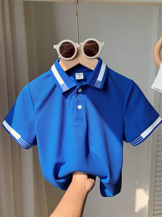 Young Boy Casual Color Block Striped Detail Flat Knit Half Placket Button Short Sleeve Polo Shirt