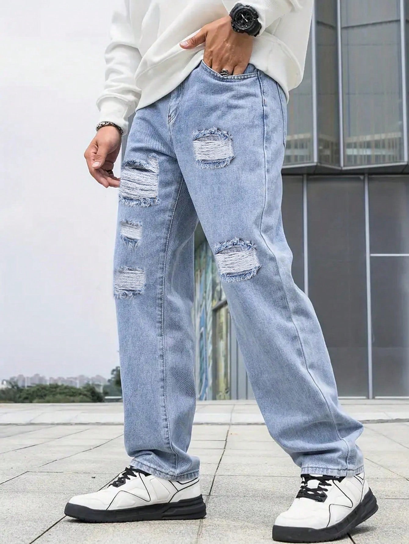 Teen Boy Fashionable Loose Fit Jeans With Ripped Design And Vintage Wash