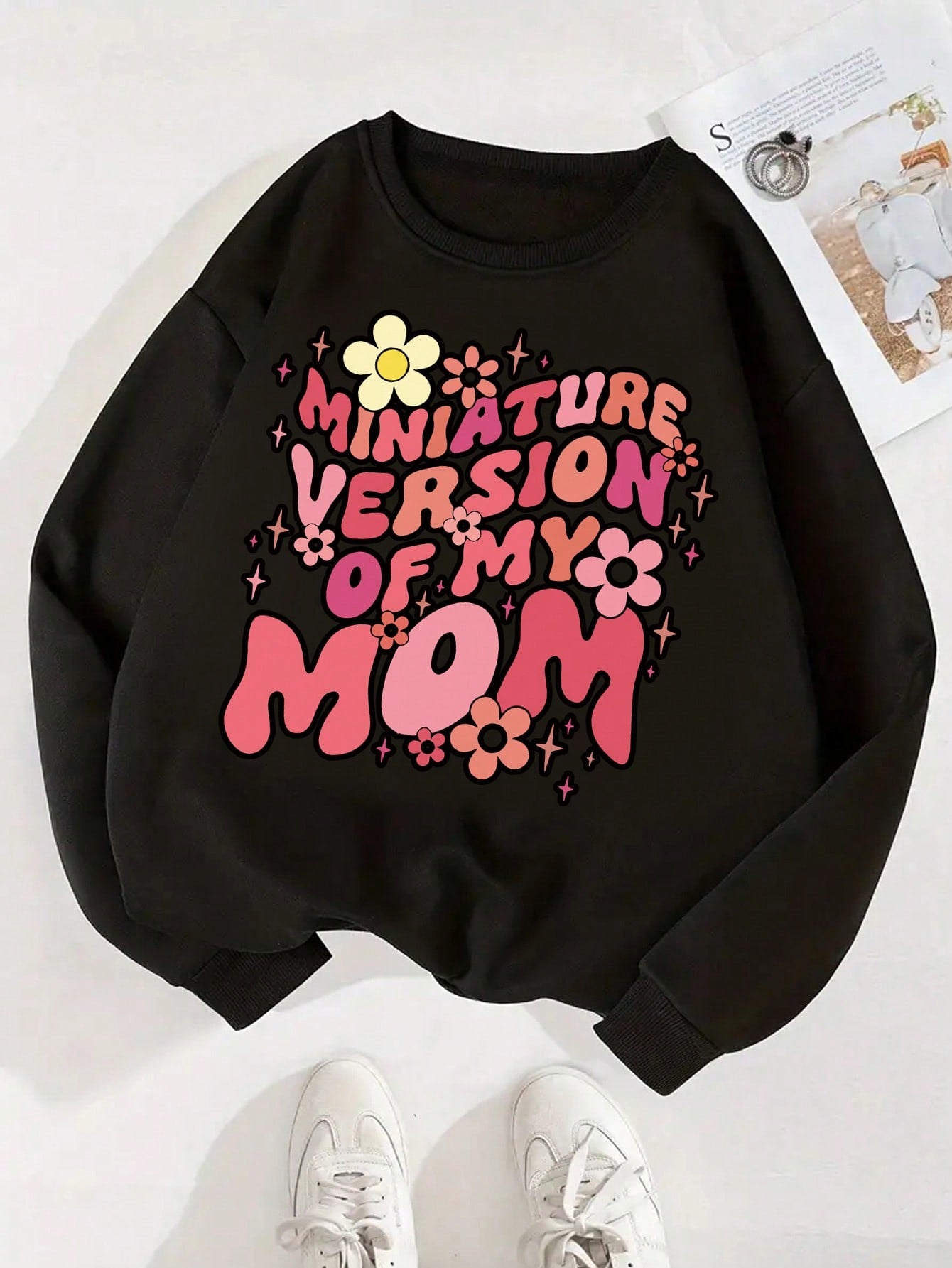 Tween Girls' Casual Slogan Printed Black Pullover Sweatshirt With Round Neck