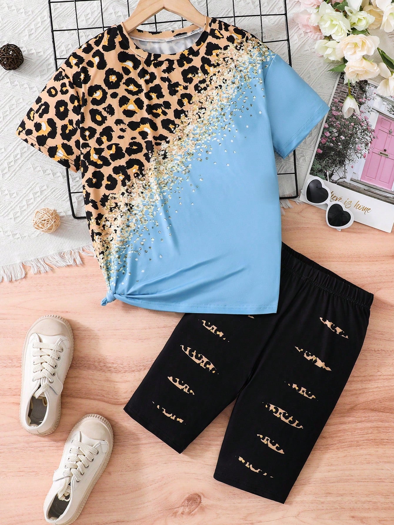 Tween Girl Leopard Color Block Short Sleeve T-Shirt & Cycling Shorts Set