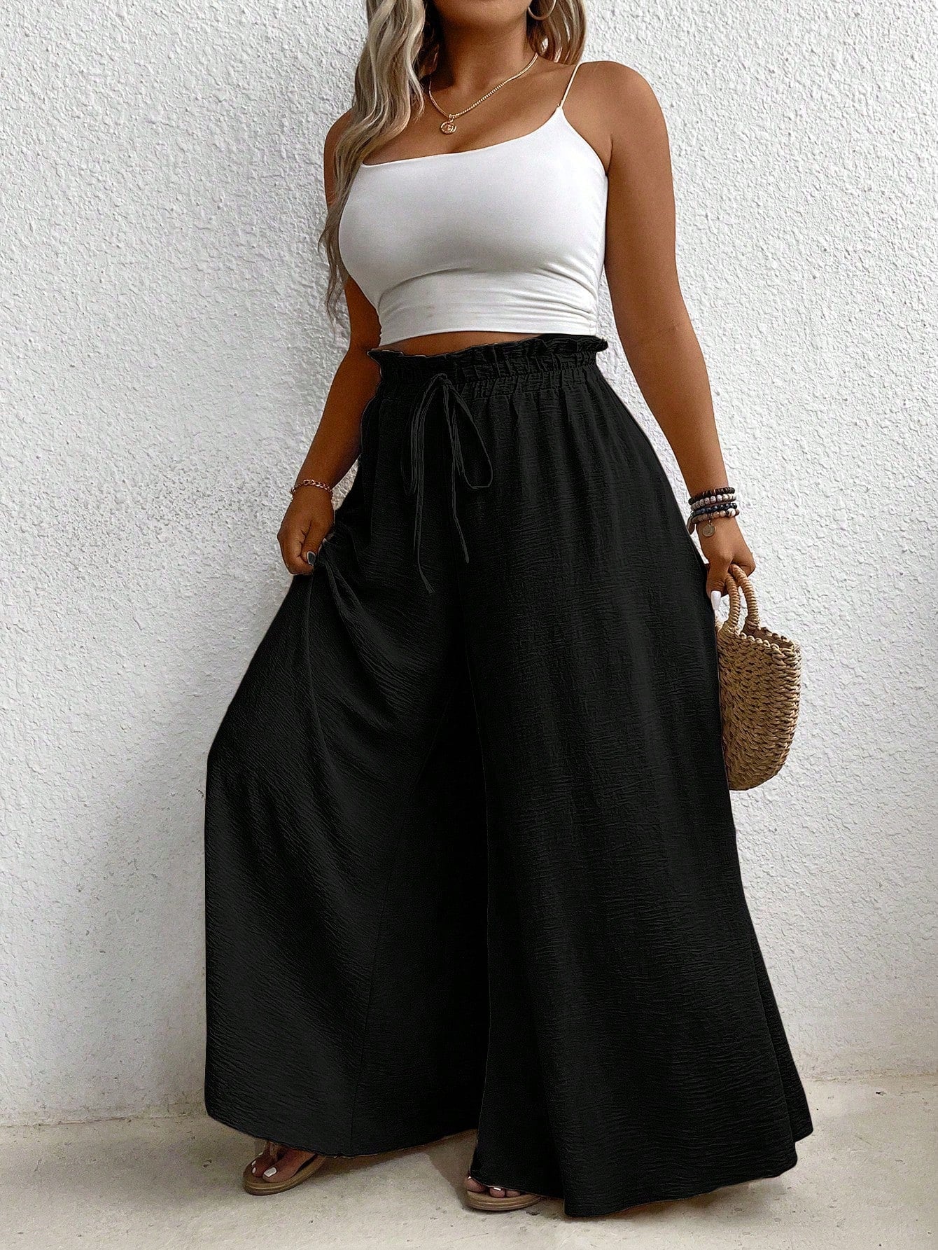 Plus Size Elastic Waist Belted Loose Textured Wide-Leg Pants