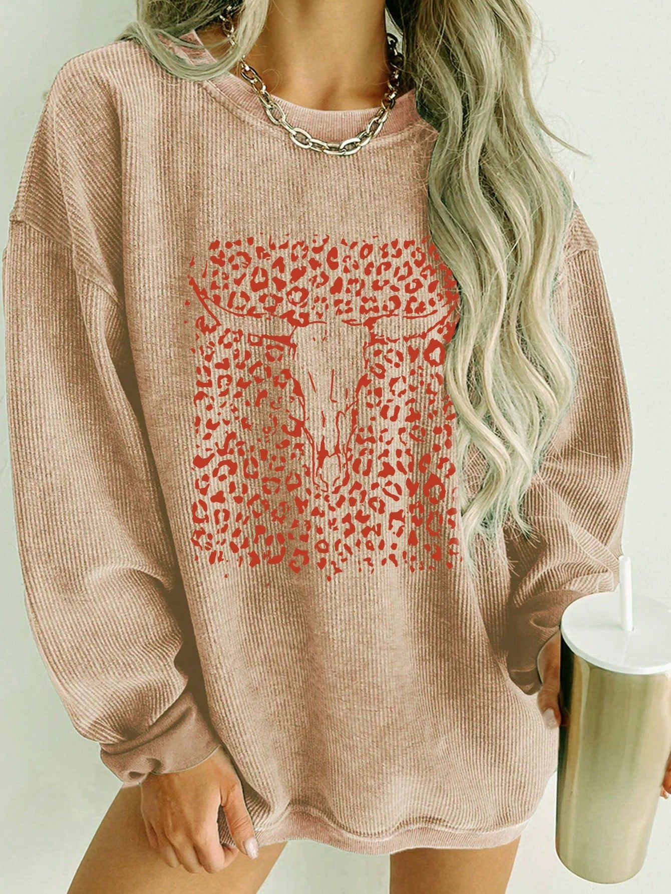 Women's Leopard Print Star Pattern Drop Shoulder Loose Casual Sweatshirt