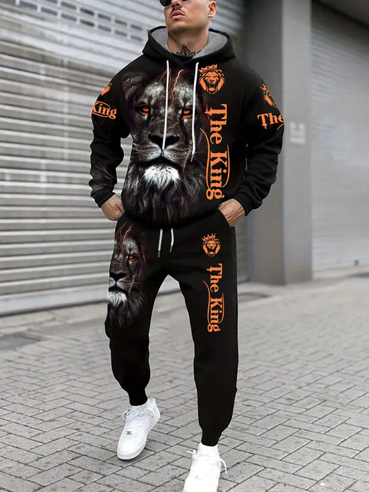 Men's Lion & Letter Printed Long Sleeve Hoodie And Sweatpants 2pcs/Set