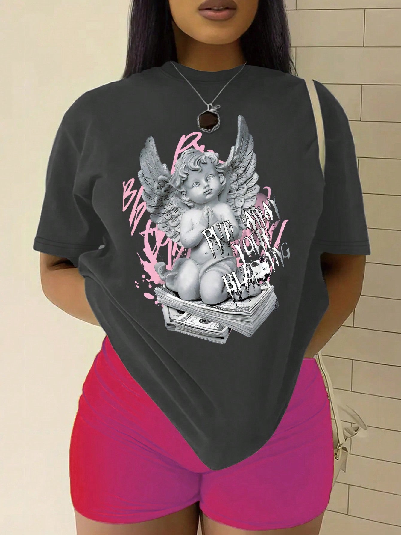 Plus Size Women'S Short Sleeve Angel Printed T-Shirt