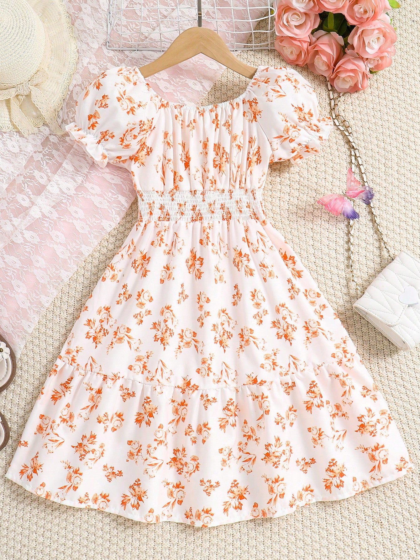 Tween Girl Floral Print Puff Sleeve Ruffle Hem Dress