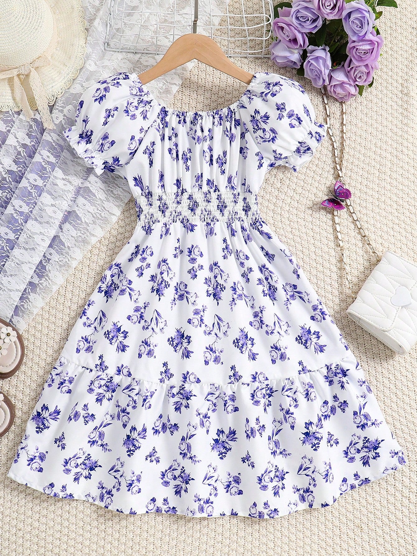 Tween Girl Floral Print Puff Sleeve Ruffle Hem Dress