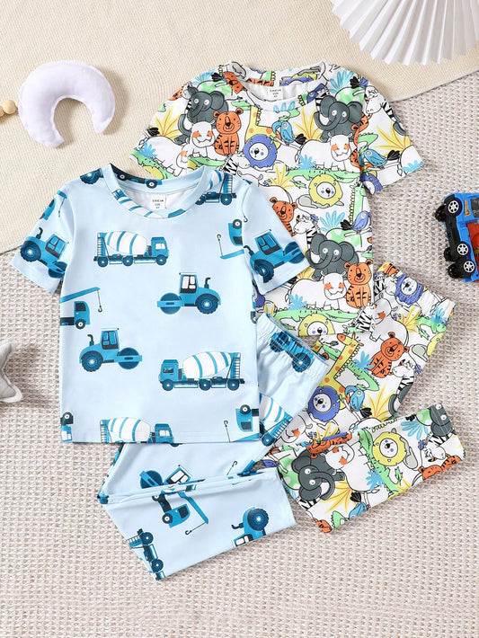 Young Boy Fun Printed Pattern Knitted Soft And Comfortable Round Neck Short-Sleeved T-Shirt And Trousers Four-Piece Home Set