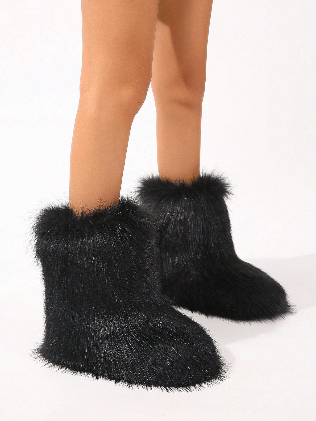 Furry Snow Boots For Women, Fluffy Faux Fur Lined Mid-Calf Winter Warm Boots, Brown