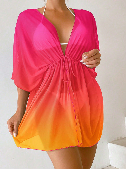 Swim Ombre Drawstring Waist Batwing Sleeve Mesh Kimono,Summer Beach