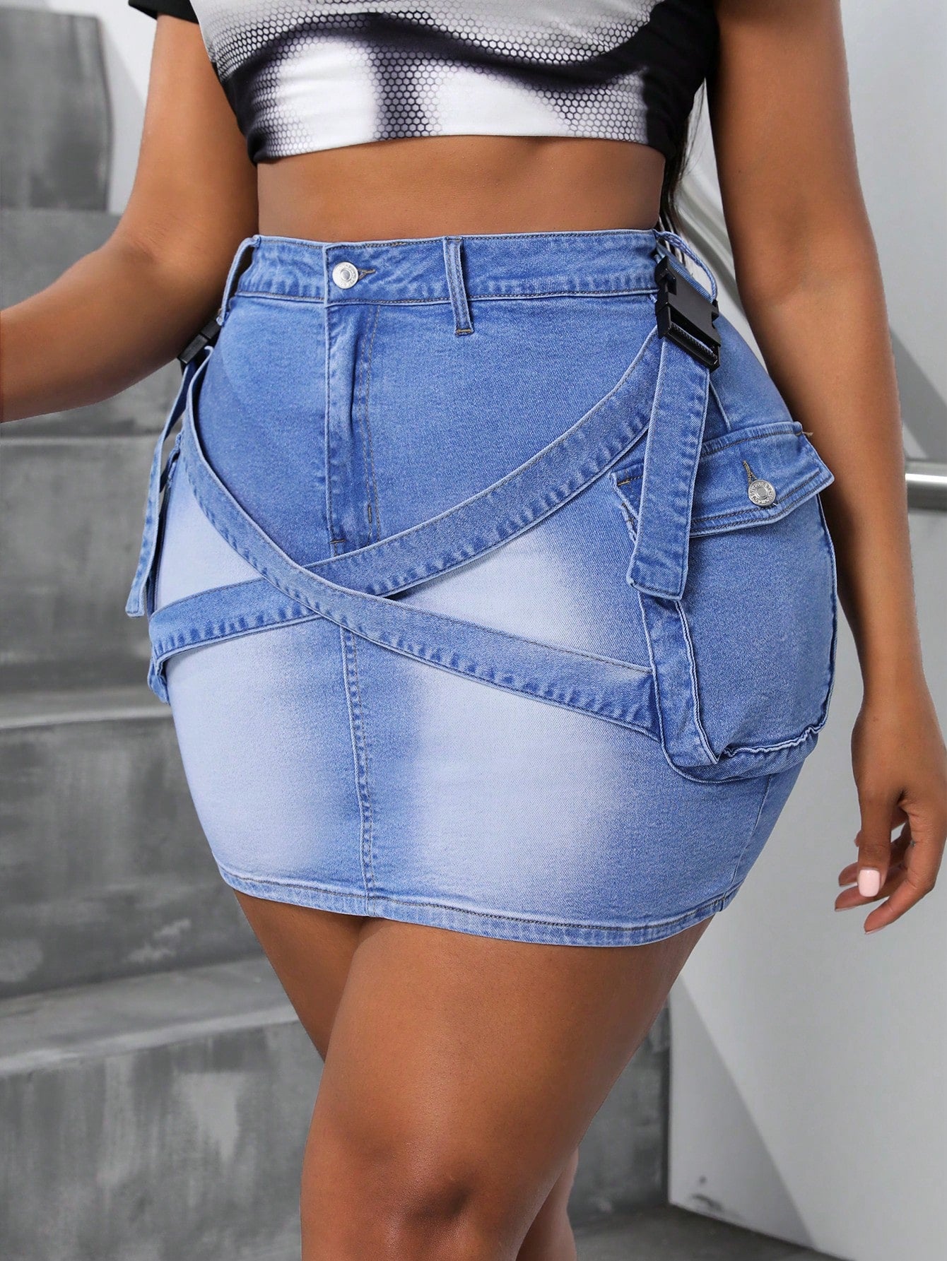 Plus Size Denim Stretchy Mini Skirt With Pocket Design, Summer