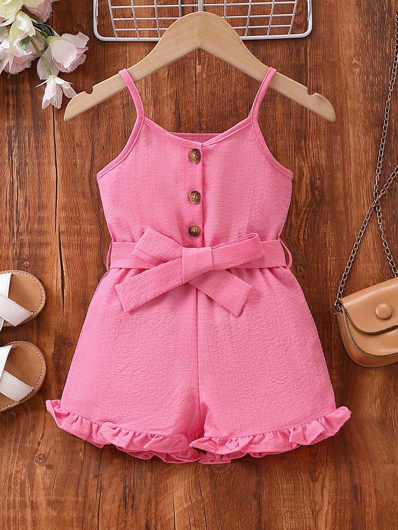 Young Girl Ruffle Hem Belted Cami Romper