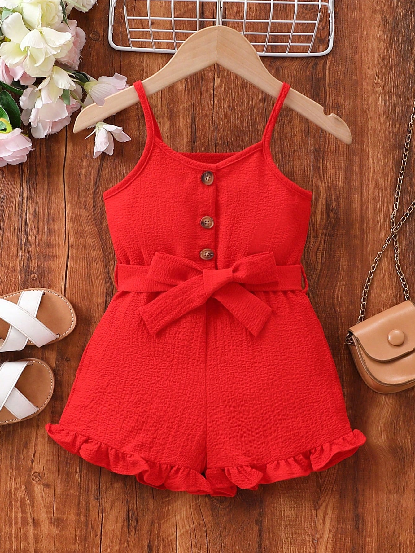 Young Girl Ruffle Hem Belted Cami Romper