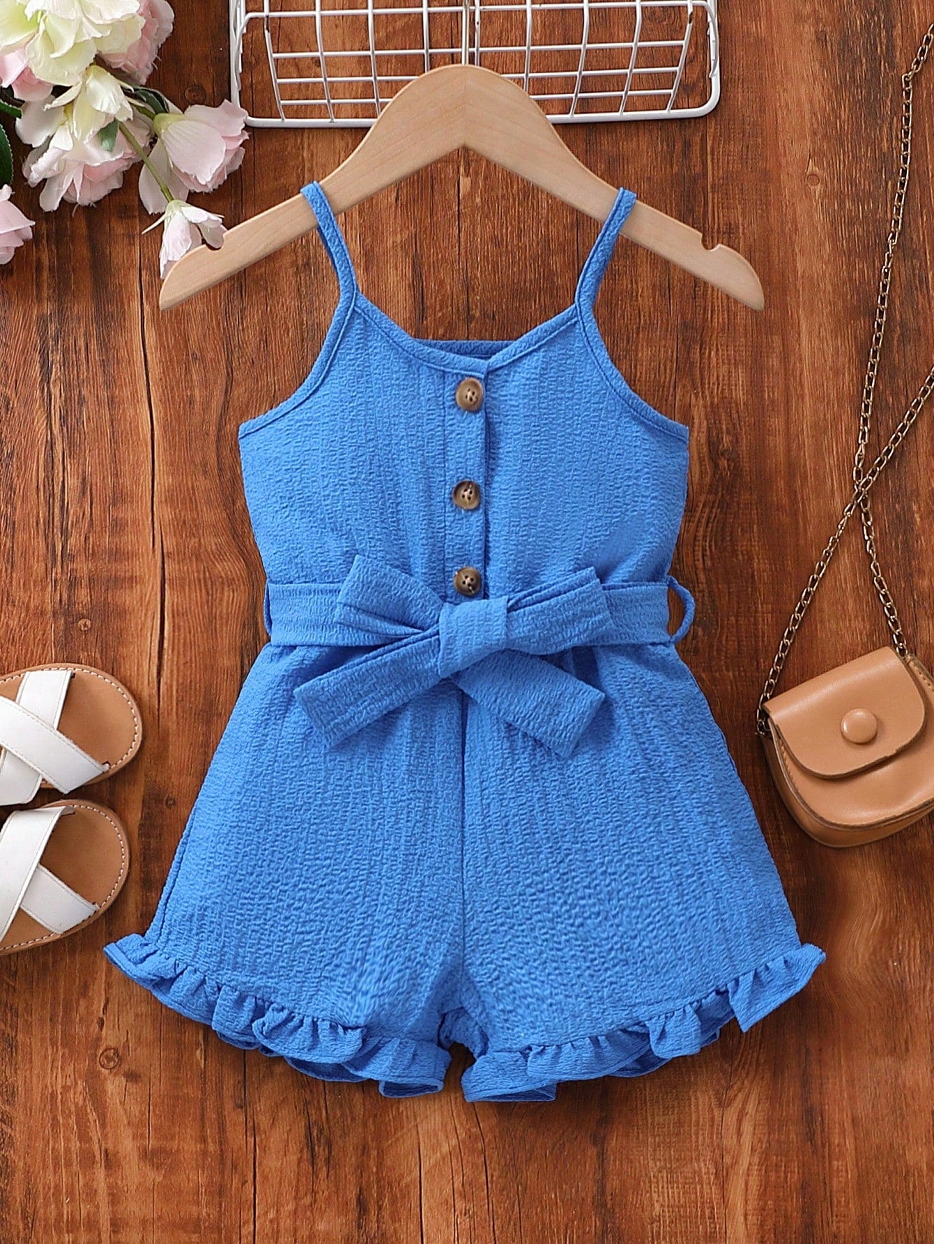 Young Girl Ruffle Hem Belted Cami Romper