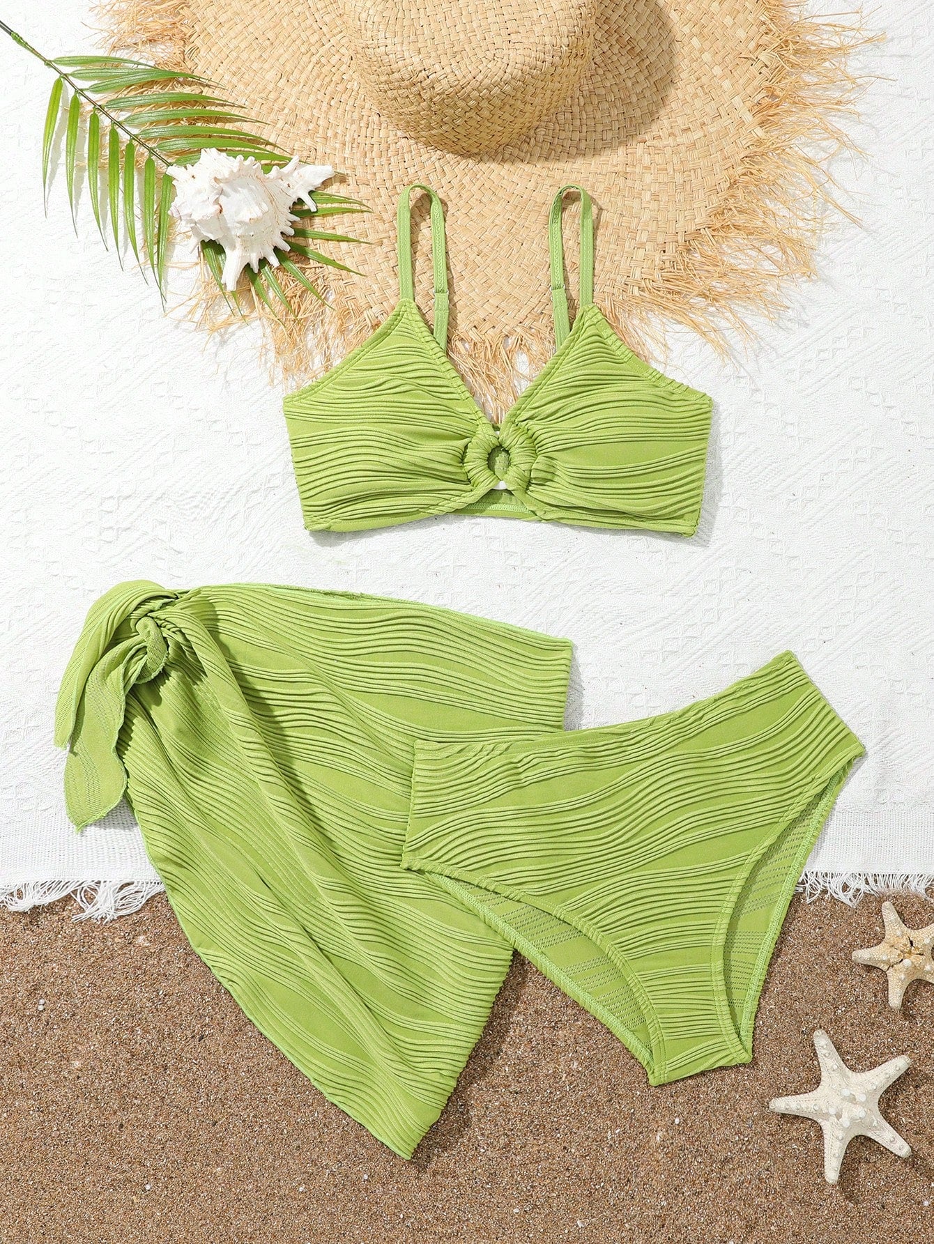 Teen Girl Solid Color Three-Piece Bikini Set Summer Beach